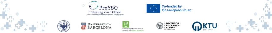 Logotip projekta ProY&O in emblem sofinanciranja Evropske unije.Logotip Medicinske univerze v Lublinu (Poljska), Univerze v Barceloni (Španija), Univerze v Novem mestu (Slovenija), Univerze v Vidmu (Italija) ter Tehnične univerze v Trabzonu (Turčija).