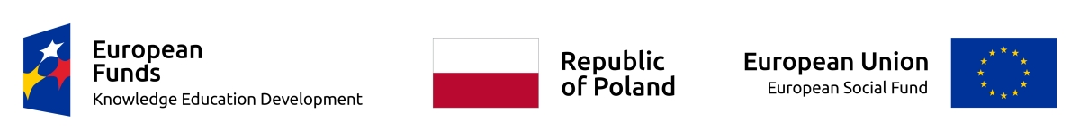 On the left, the sign of the European Funds consisting of a graphic symbol, the name of the European Funds and the name of the program: Knowledge Education Development, in the middle the sign of the colors of the Republic of Poland consisting of a graphic symbol and the name Rzeczpospolita Polska, on the right the sign of the European Union consisting of a flag EU, the inscription European Union and the name of the fund: European Social Fund.
